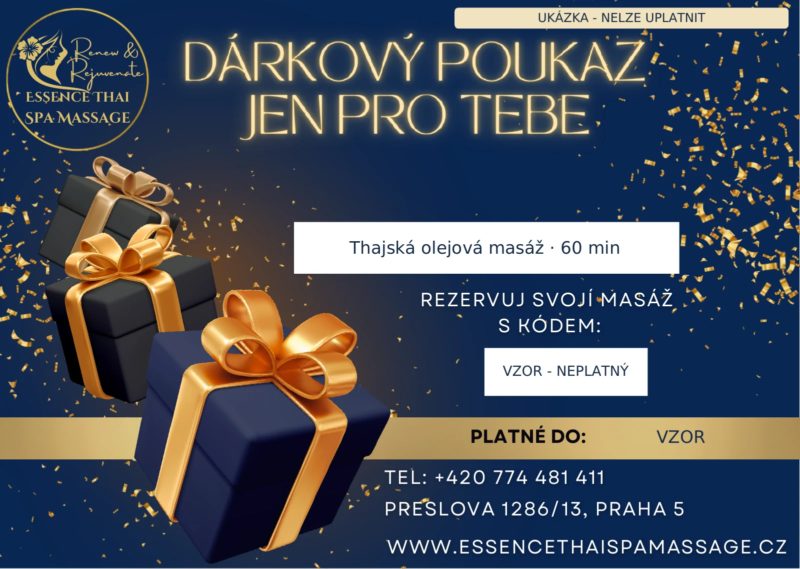 Ukázka dárkového poukazu Essence Thai Spa na thajskou olejovou masáž na 60 minut, označená UKÁZKA — NELZE UPLATNIT.
