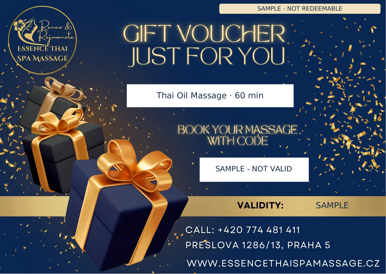 Sample Essence Thai Spa gift voucher for a 60-minute Thai Oil Massage, marked SAMPLE — NOT REDEEMABLE.